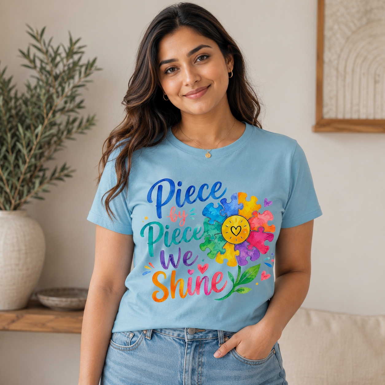 Piece by Piece We Shine T-Shirt — Colorful Puzzle Flower Autism Awareness Tee