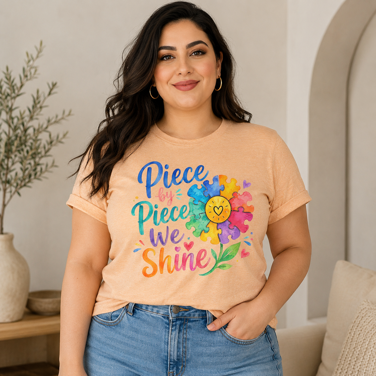Piece by Piece We Shine T-Shirt — Colorful Puzzle Flower Autism Awareness Tee