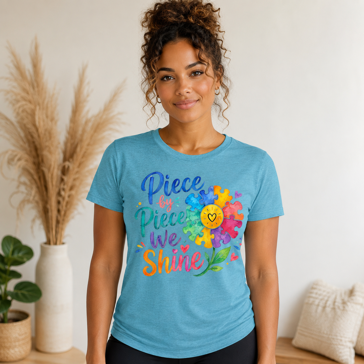Piece by Piece We Shine T-Shirt — Colorful Puzzle Flower Autism Awareness Tee