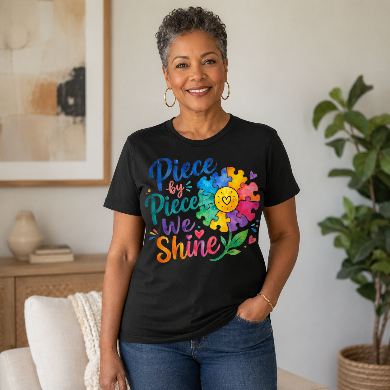 Piece by Piece We Shine T-Shirt — Colorful Puzzle Flower Autism Awareness Tee