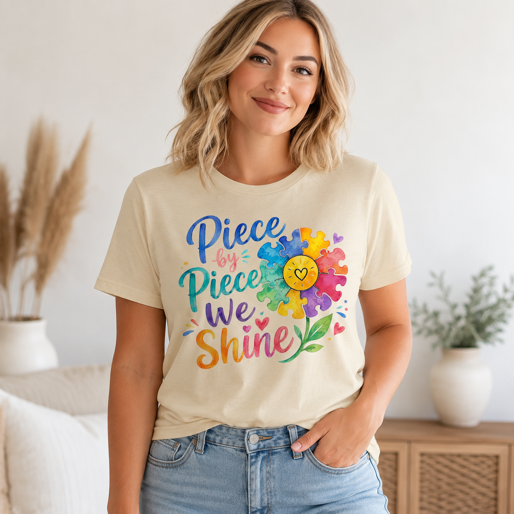 Piece by Piece We Shine T-Shirt — Colorful Puzzle Flower Autism Awareness Tee