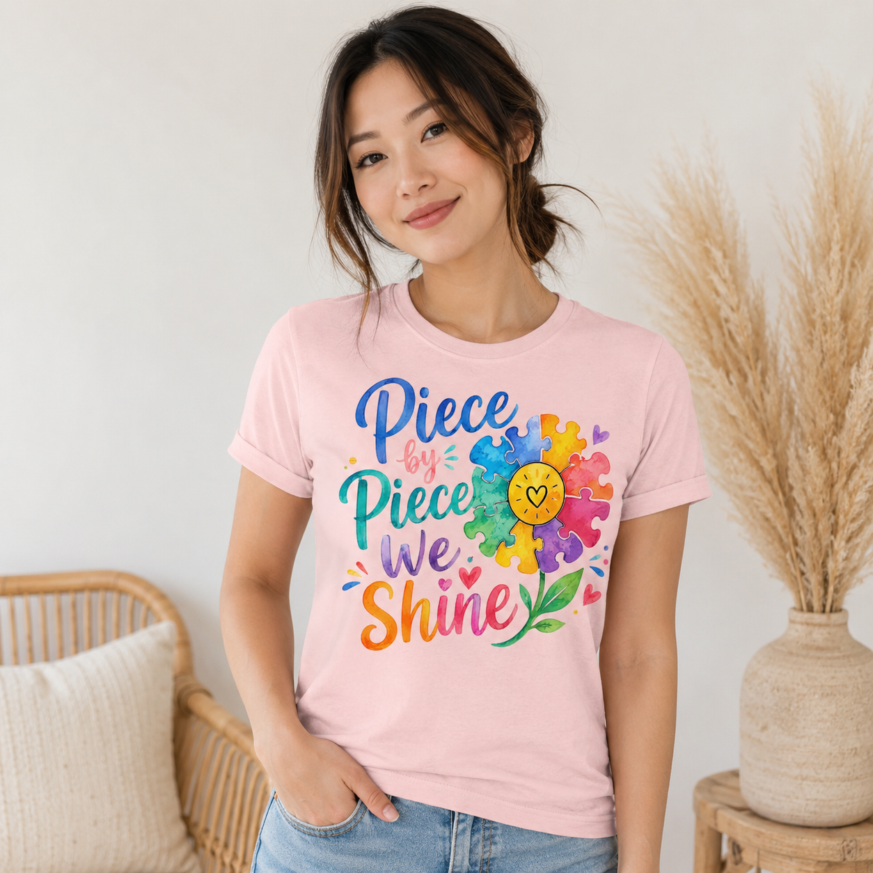 Piece by Piece We Shine T-Shirt — Colorful Puzzle Flower Autism Awareness Tee