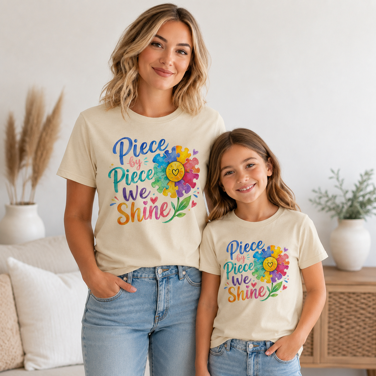 Piece by Piece We Shine T-Shirt — Colorful Puzzle Flower Autism Awareness Tee