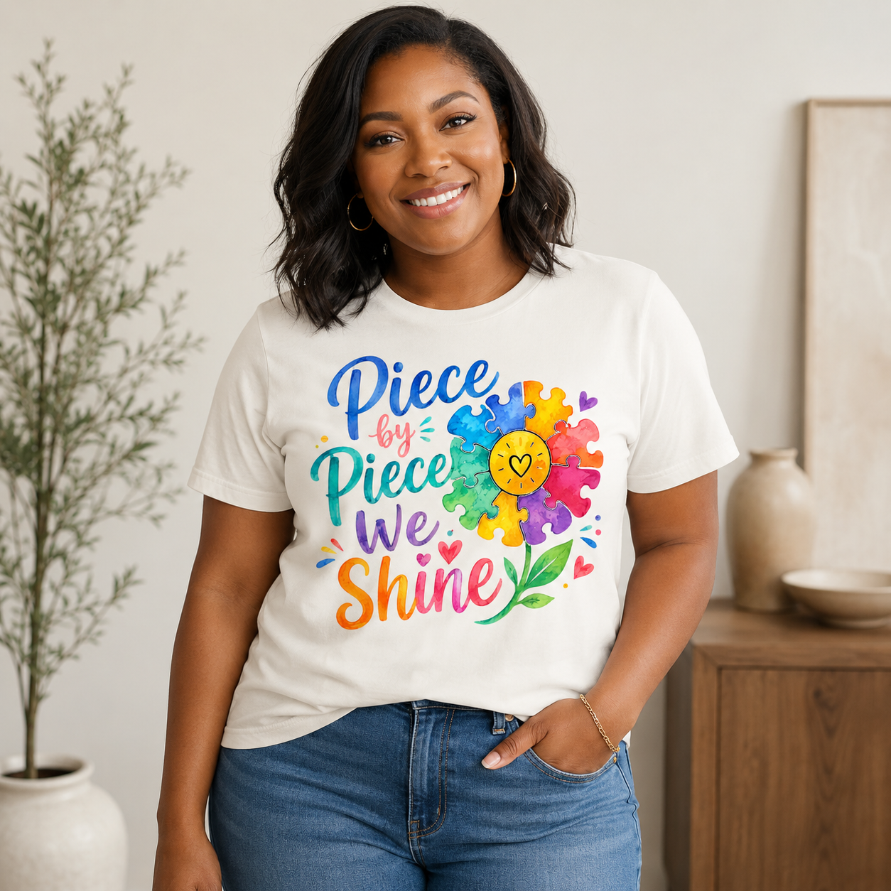 Piece by Piece We Shine T-Shirt — Colorful Puzzle Flower Autism Awareness Tee