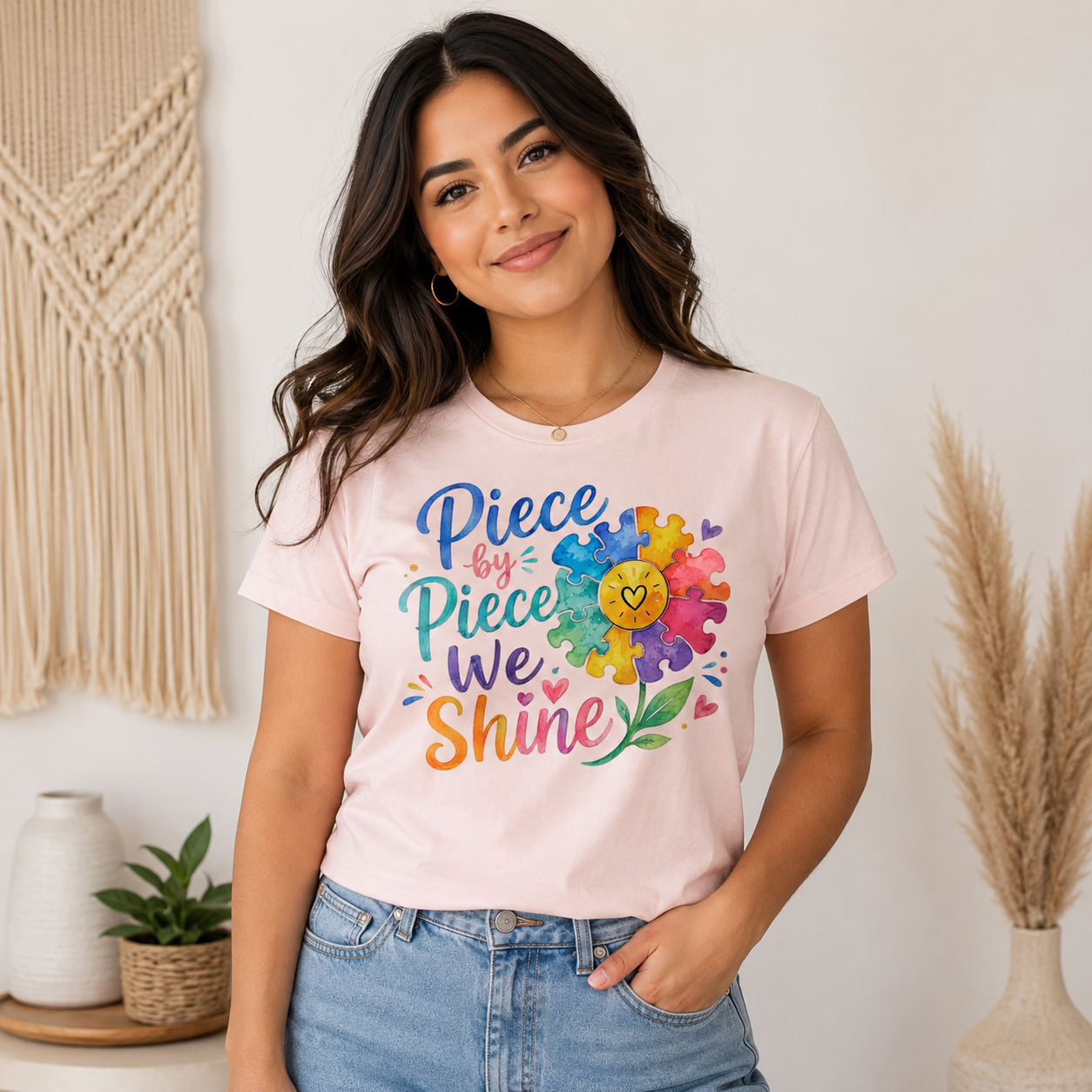 Piece by Piece We Shine T-Shirt — Colorful Puzzle Flower Autism Awareness Tee