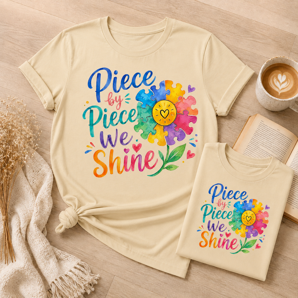 Piece by Piece We Shine T-Shirt — Colorful Puzzle Flower Autism Awareness Tee