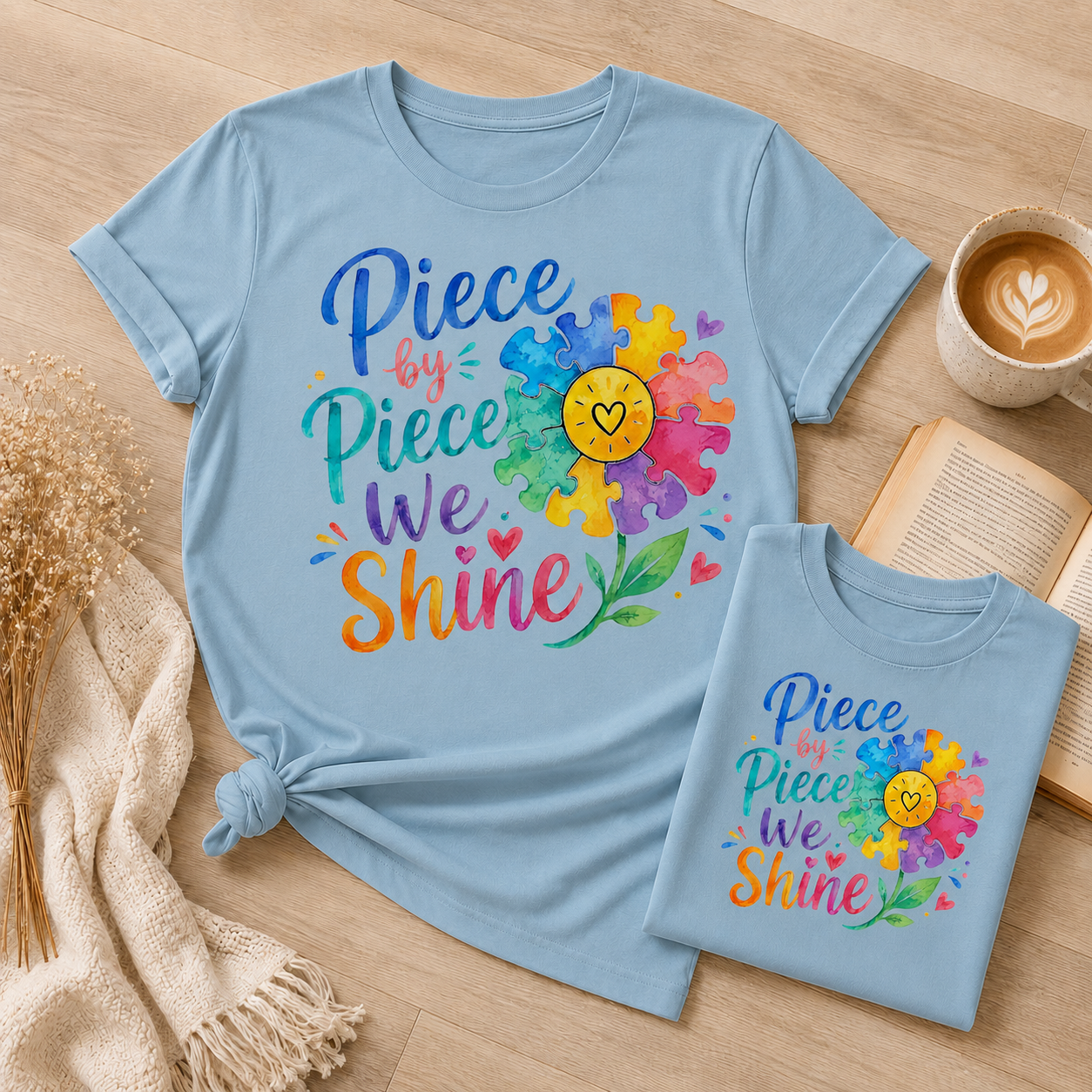 Piece by Piece We Shine T-Shirt — Colorful Puzzle Flower Autism Awareness Tee