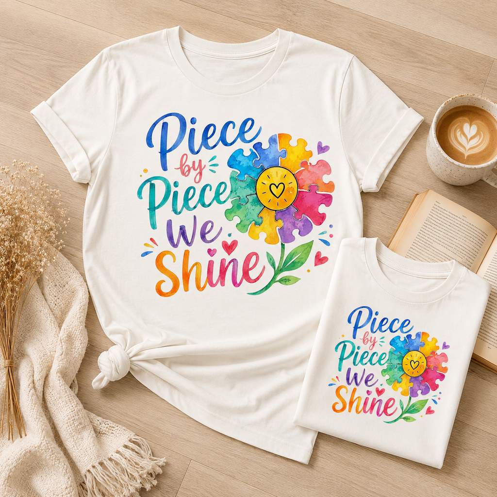 Piece by Piece We Shine T-Shirt — Colorful Puzzle Flower Autism Awareness Tee