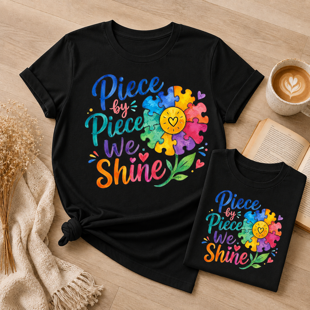 Piece by Piece We Shine T-Shirt — Colorful Puzzle Flower Autism Awareness Tee