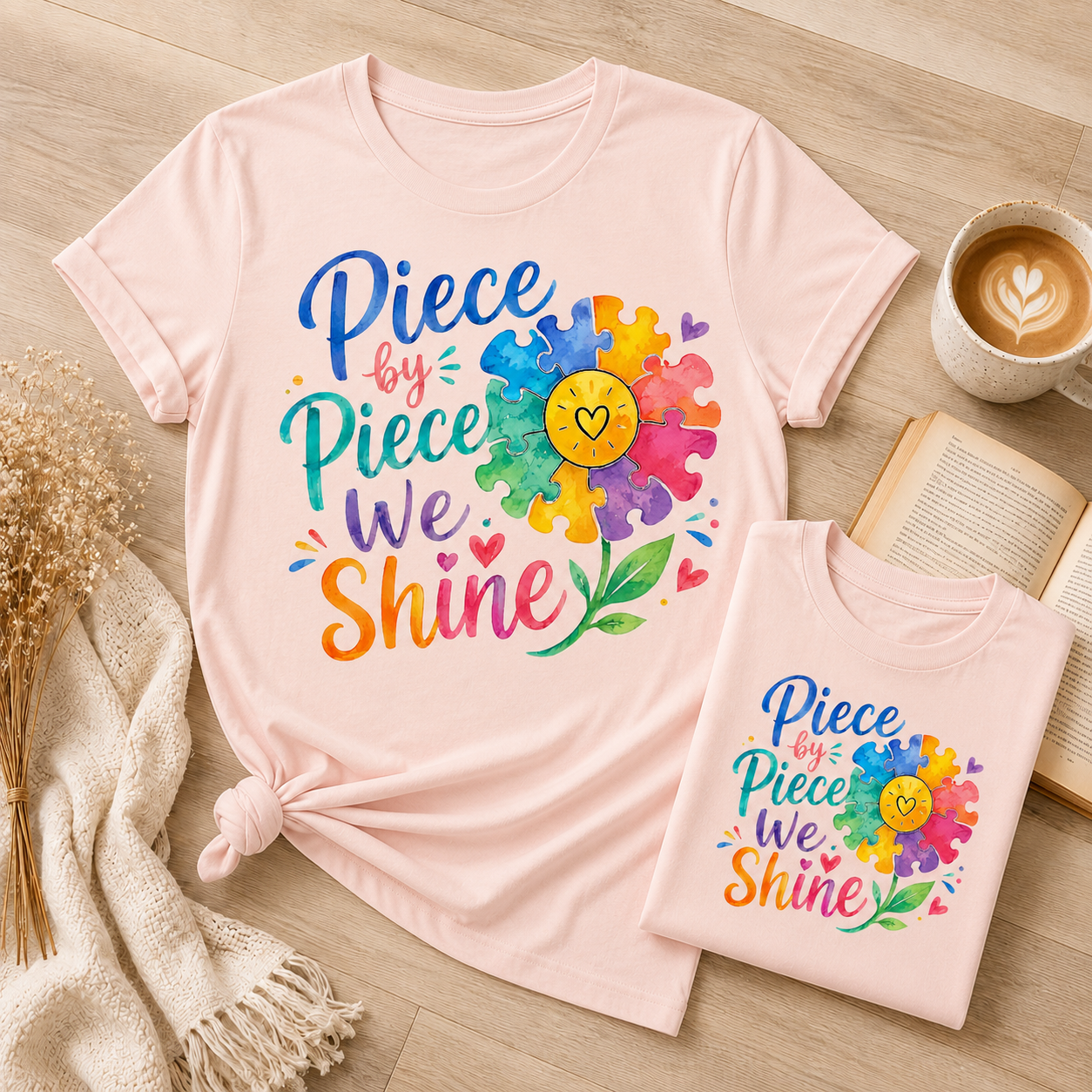 Piece by Piece We Shine T-Shirt — Colorful Puzzle Flower Autism Awareness Tee