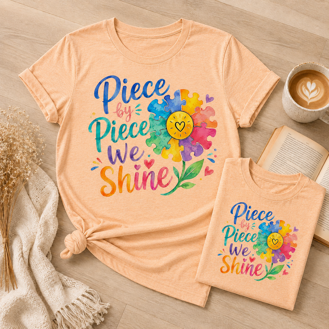Piece by Piece We Shine T-Shirt — Colorful Puzzle Flower Autism Awareness Tee