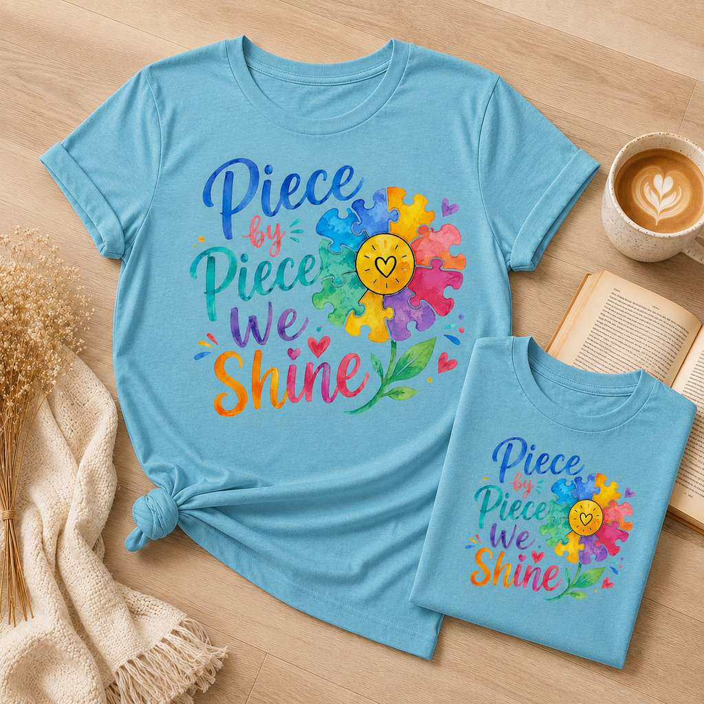 Piece by Piece We Shine T-Shirt — Colorful Puzzle Flower Autism Awareness Tee