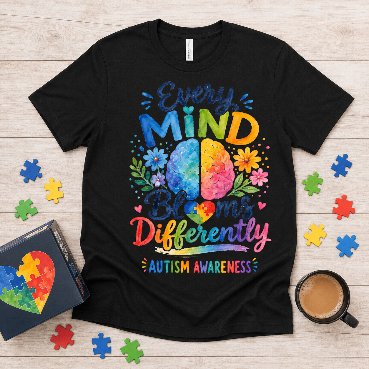 Every Mind Blooms Differently T‑Shirt — Autism Awareness Floral Brain Tee