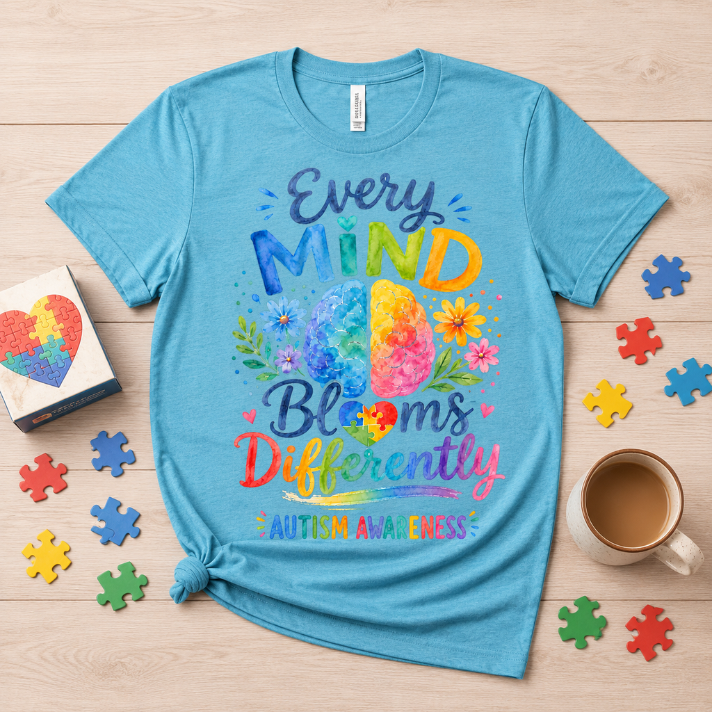Every Mind Blooms Differently T‑Shirt — Autism Awareness Floral Brain Tee