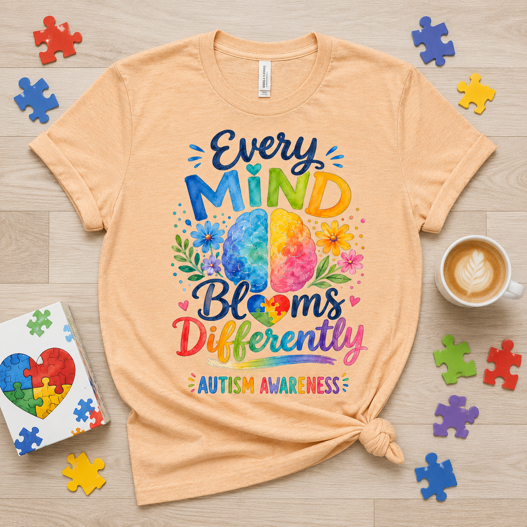 Every Mind Blooms Differently T‑Shirt — Autism Awareness Floral Brain Tee
