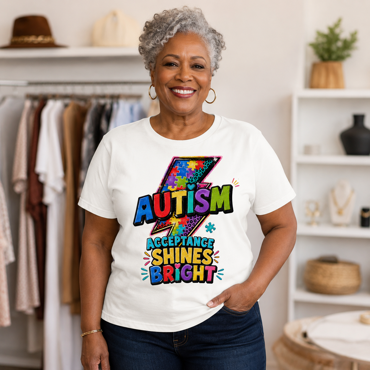 Autism Acceptance Shines Bright lightning bolt T-Shirt | Puzzle Piece Awareness