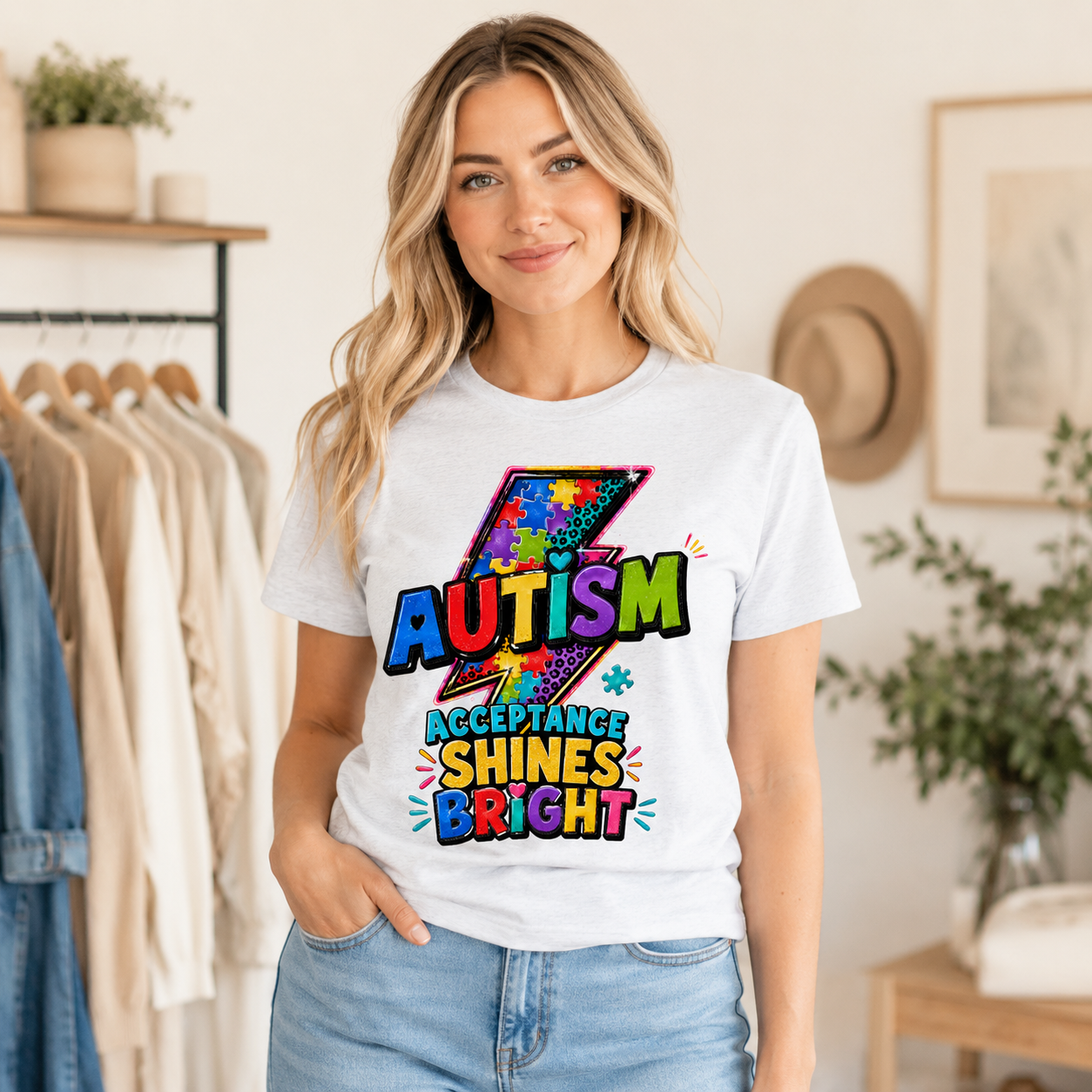 Autism Acceptance Shines Bright lightning bolt T-Shirt | Puzzle Piece Awareness
