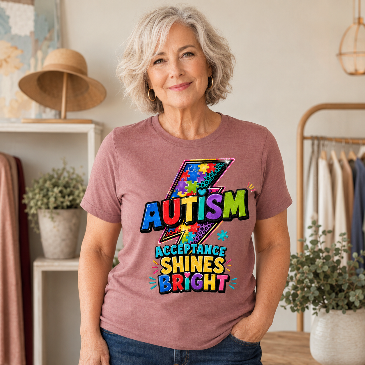 Autism Acceptance Shines Bright lightning bolt T-Shirt | Puzzle Piece Awareness