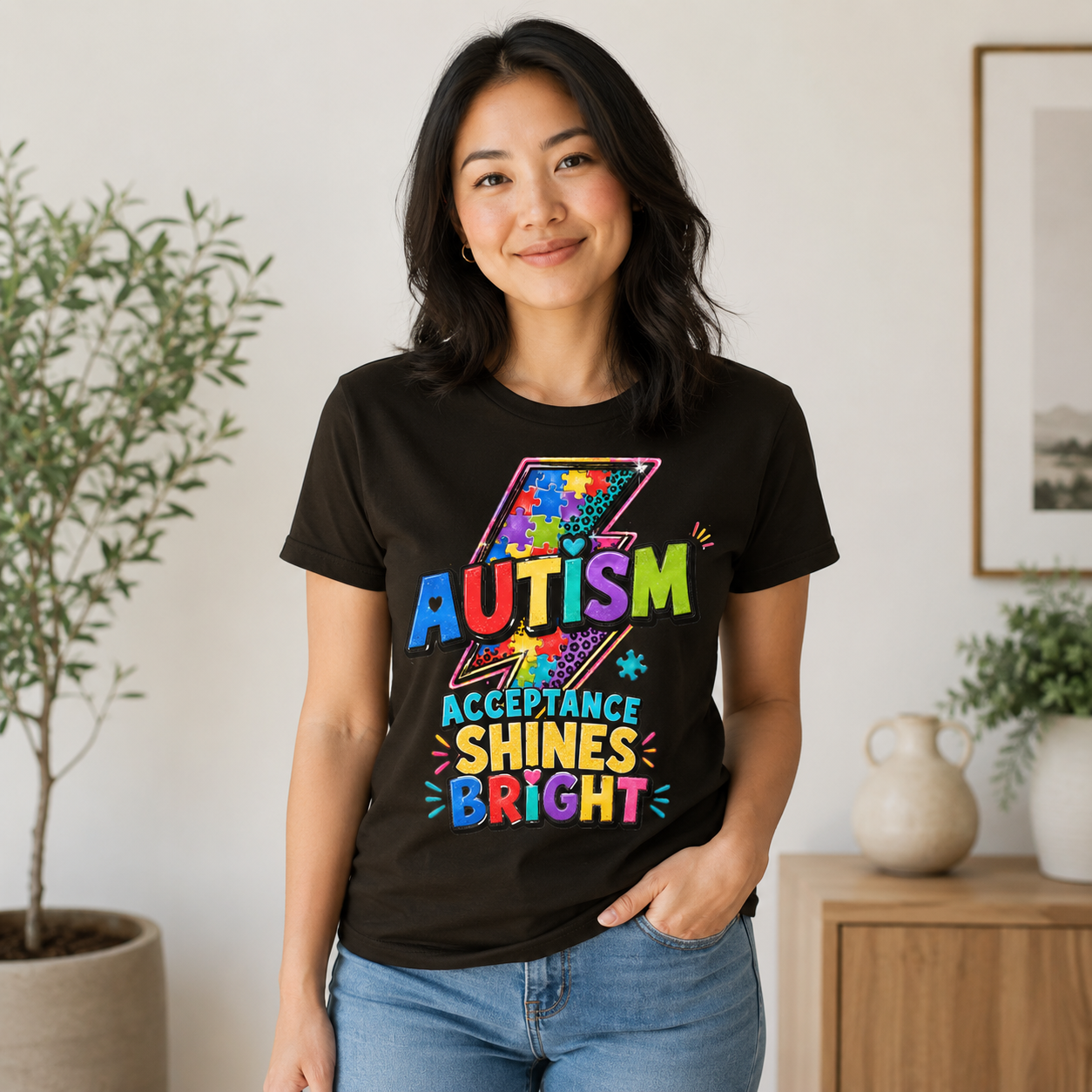 Autism Acceptance Shines Bright lightning bolt T-Shirt | Puzzle Piece Awareness