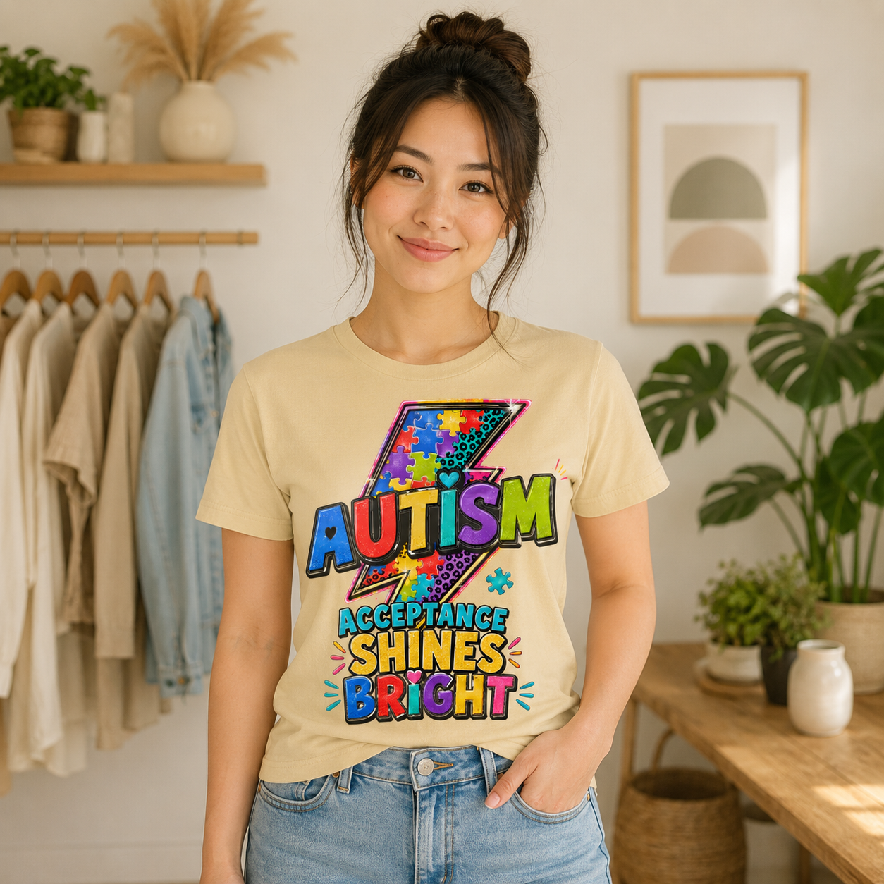 Autism Acceptance Shines Bright lightning bolt T-Shirt | Puzzle Piece Awareness