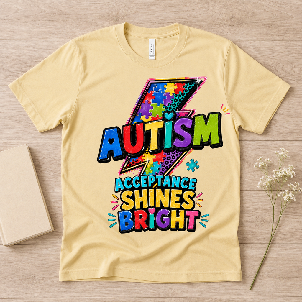 Autism Acceptance Shines Bright lightning bolt T-Shirt | Puzzle Piece Awareness