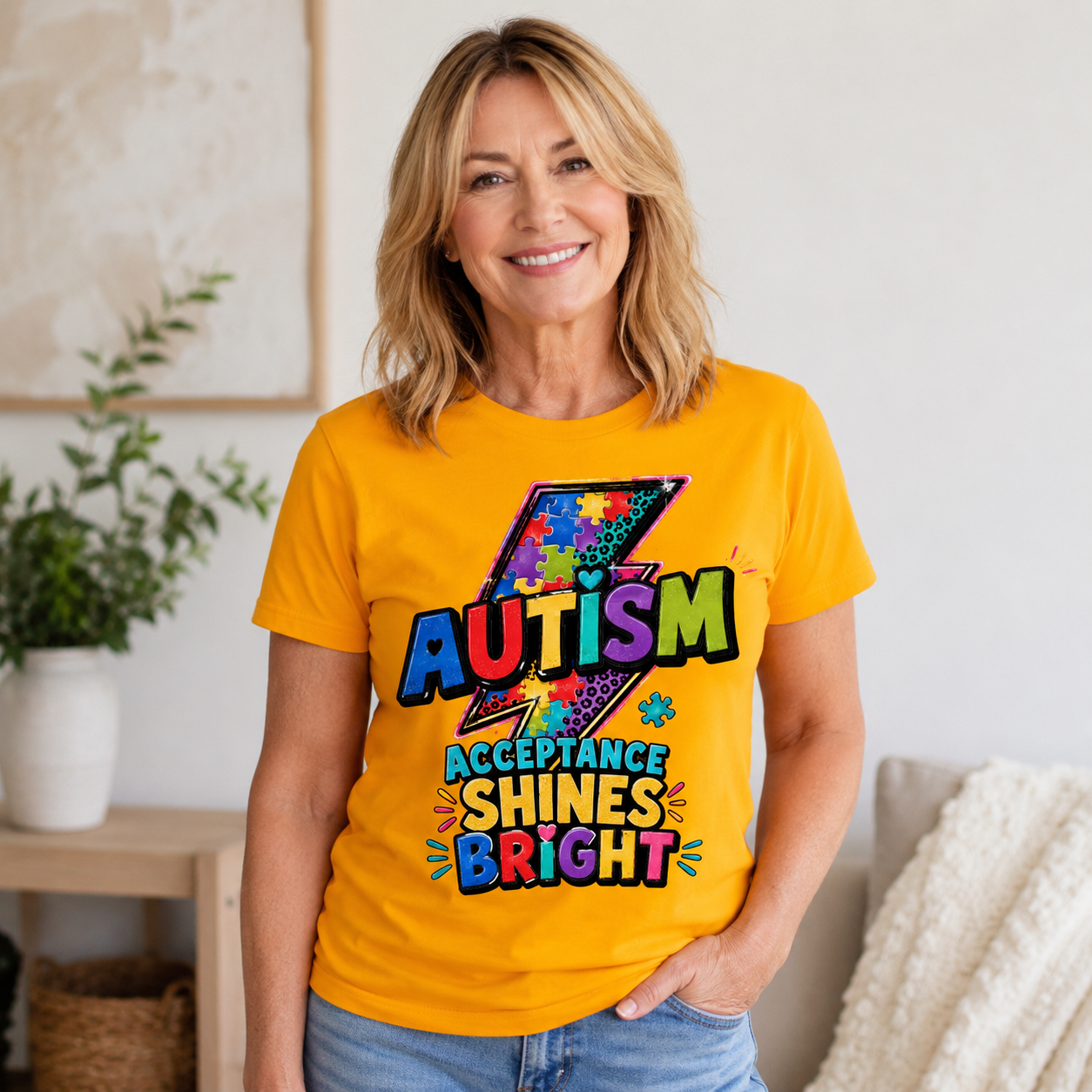 Autism Acceptance Shines Bright lightning bolt T-Shirt | Puzzle Piece Awareness