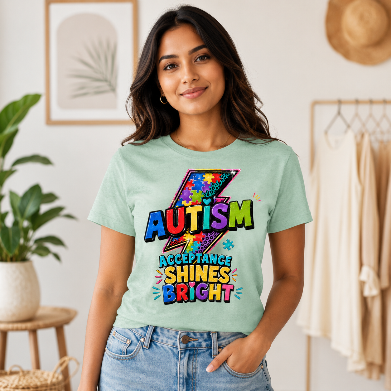 Autism Acceptance Shines Bright lightning bolt T-Shirt | Puzzle Piece Awareness