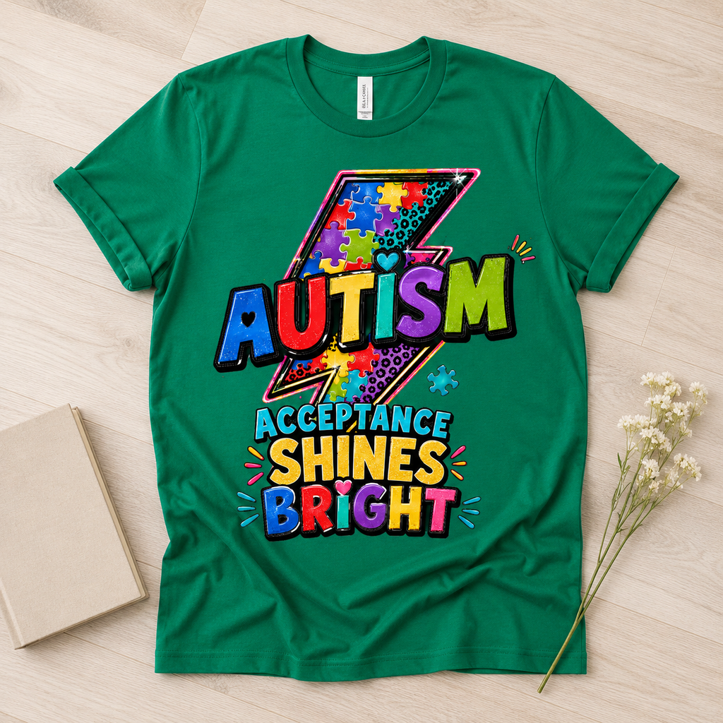 Autism Acceptance Shines Bright lightning bolt T-Shirt | Puzzle Piece Awareness