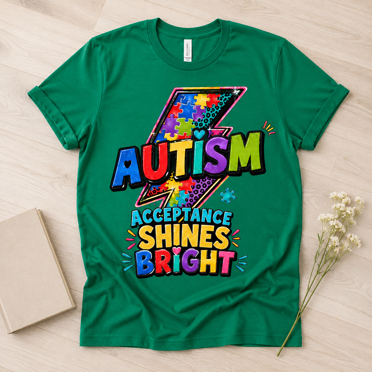 Autism Acceptance Shines Bright lightning bolt T-Shirt | Puzzle Piece Awareness