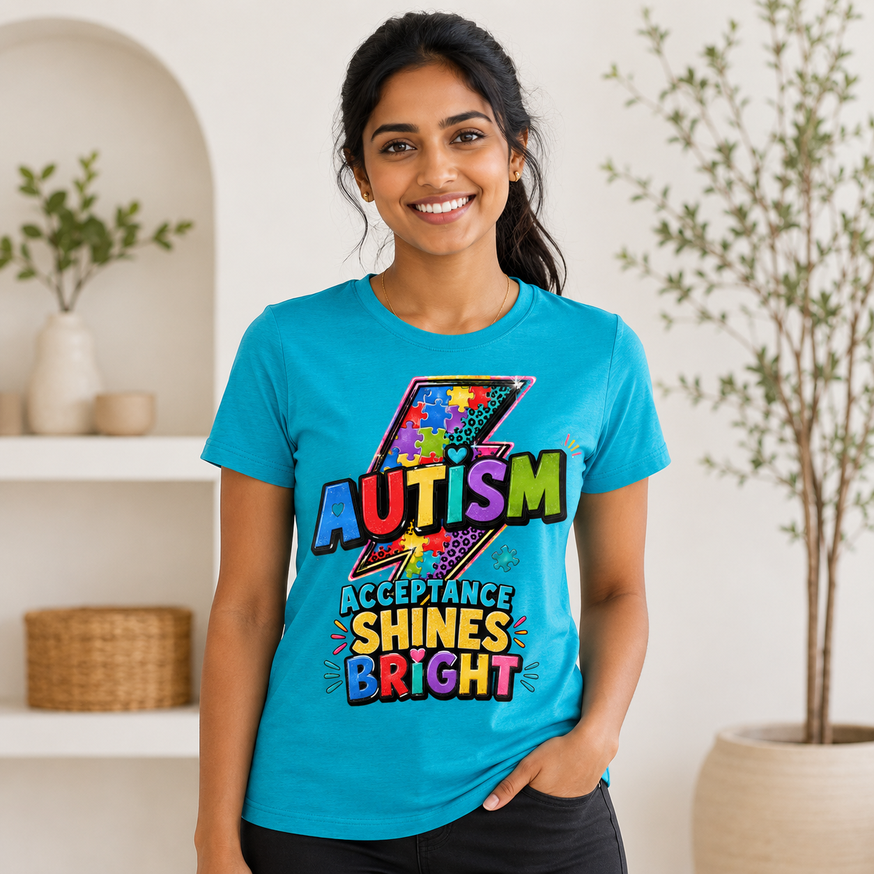 Autism Acceptance Shines Bright lightning bolt T-Shirt | Puzzle Piece Awareness