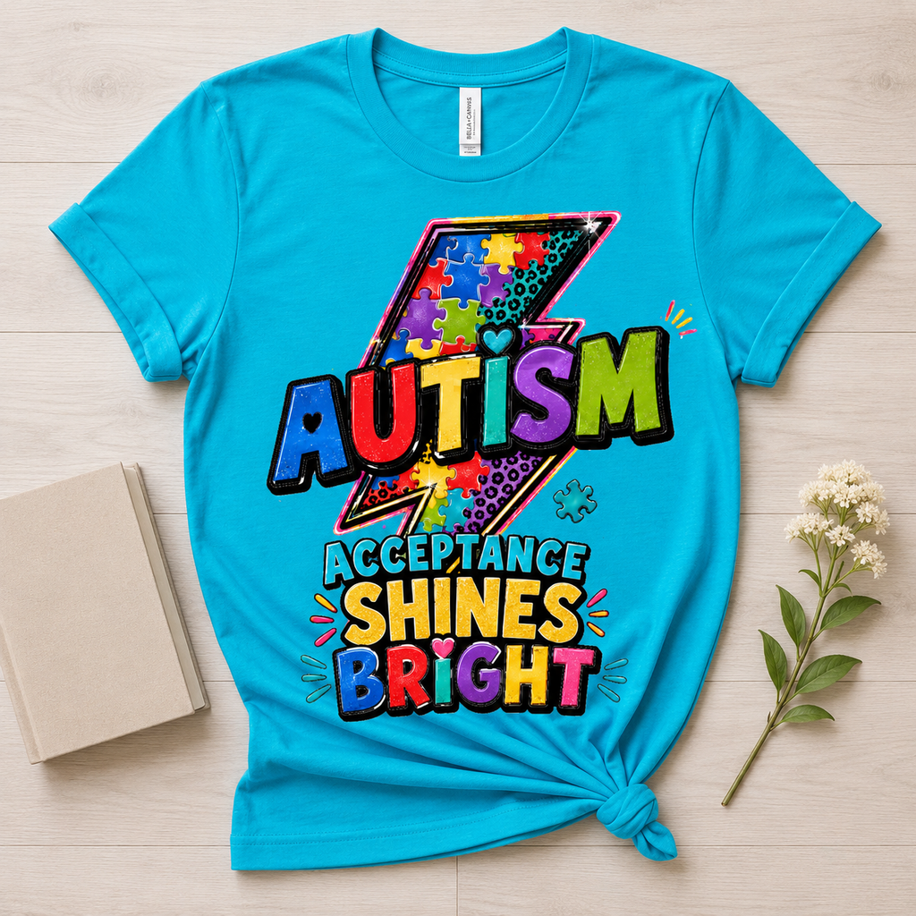 Autism Acceptance Shines Bright lightning bolt T-Shirt | Puzzle Piece Awareness