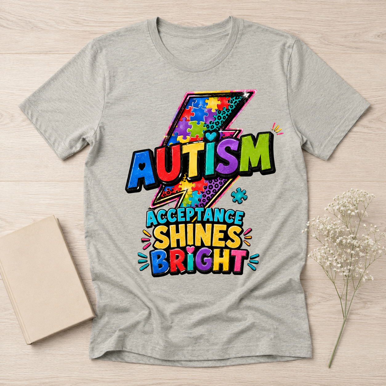 Autism Acceptance Shines Bright lightning bolt T-Shirt | Puzzle Piece Awareness