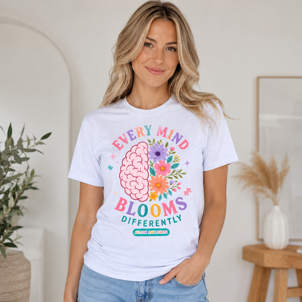 Every Mind Blooms Differently T-Shirt | Mental Health Awareness, Floral Brain Design