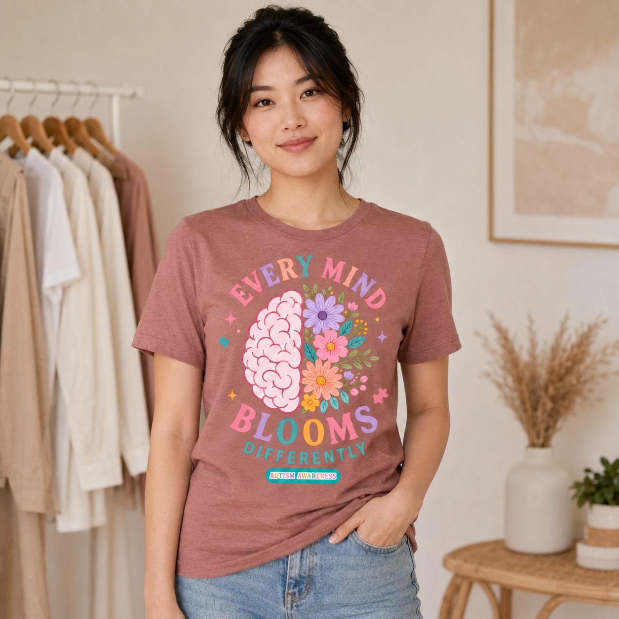 Every Mind Blooms Differently T-Shirt | Mental Health Awareness, Floral Brain Design