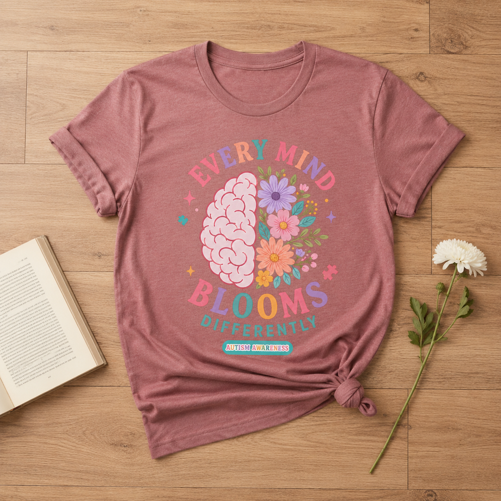 Every Mind Blooms Differently T-Shirt | Mental Health Awareness, Floral Brain Design