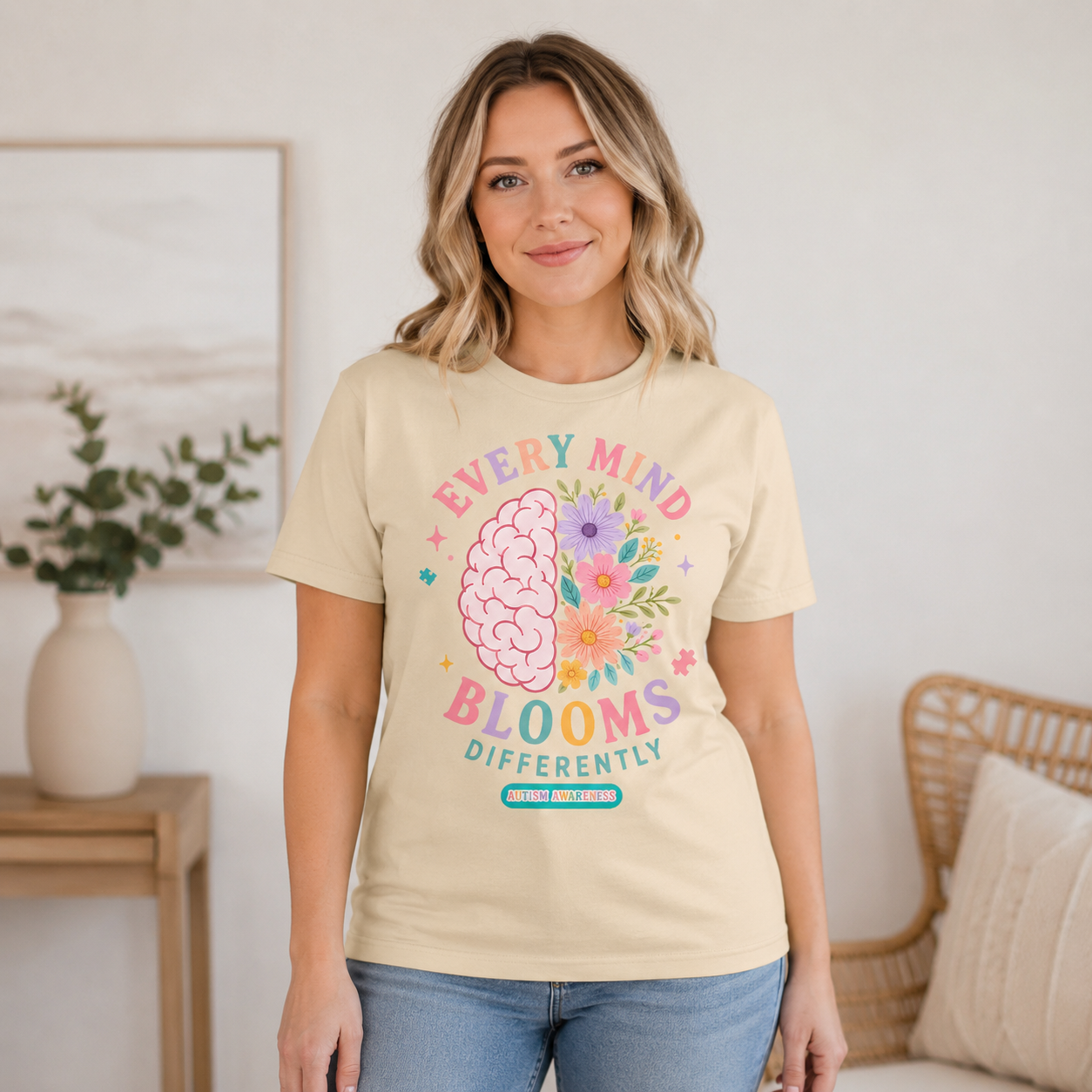 Every Mind Blooms Differently T-Shirt | Mental Health Awareness, Floral Brain Design