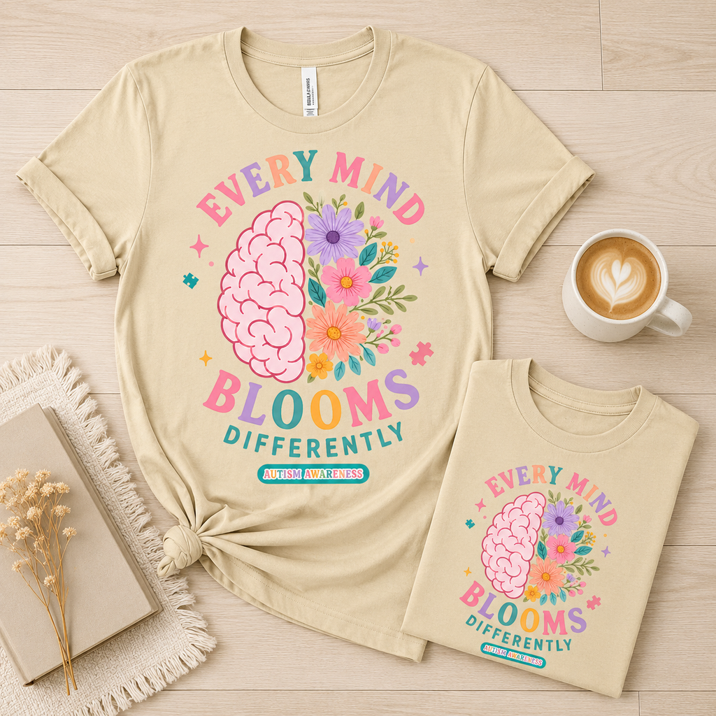 Every Mind Blooms Differently T-Shirt | Mental Health Awareness, Floral Brain Design