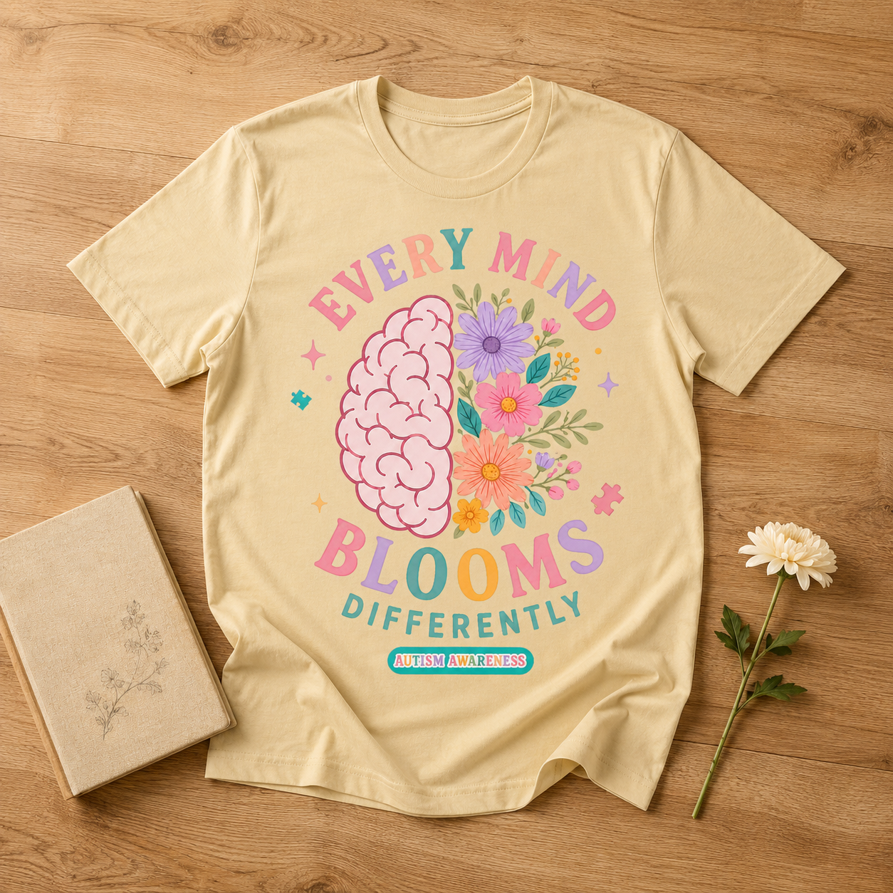 Every Mind Blooms Differently T-Shirt | Mental Health Awareness, Floral Brain Design