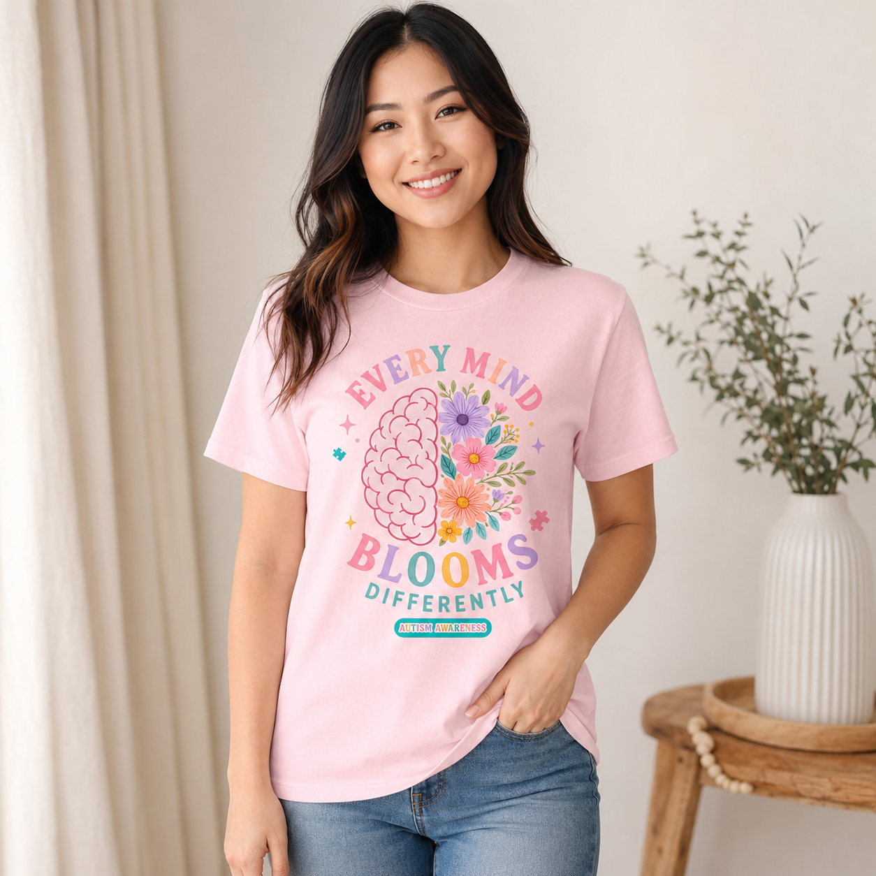 Every Mind Blooms Differently T-Shirt | Mental Health Awareness, Floral Brain Design