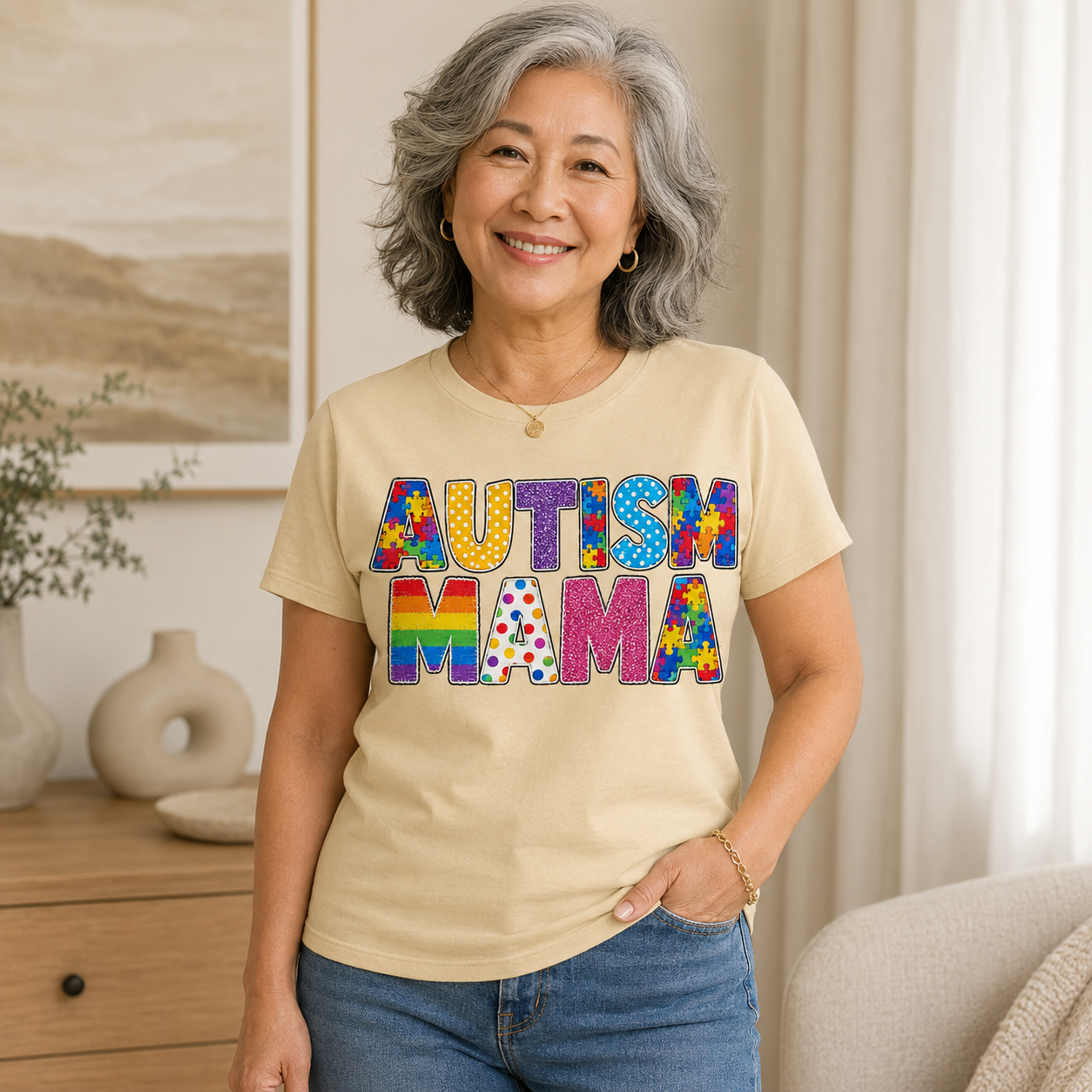 Autism Mama T-Shirt | Colorful Puzzle Letter Design