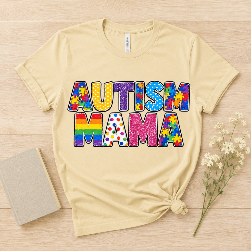 Autism Mama T-Shirt | Colorful Puzzle Letter Design