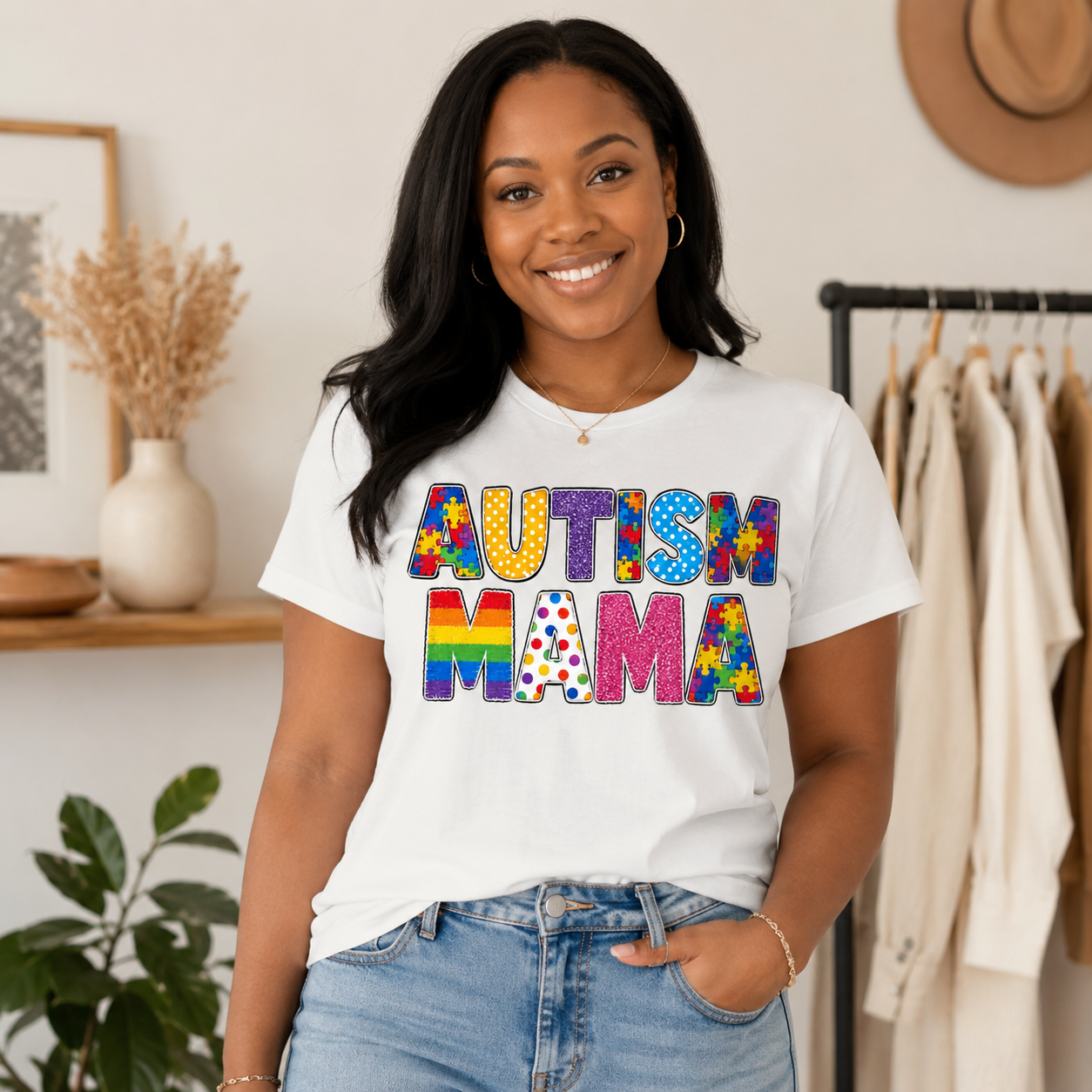 Autism Mama T-Shirt | Colorful Puzzle Letter Design