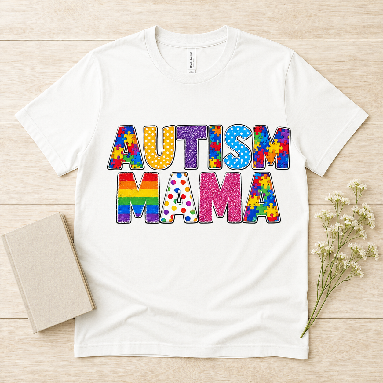 Autism Mama T-Shirt | Colorful Puzzle Letter Design