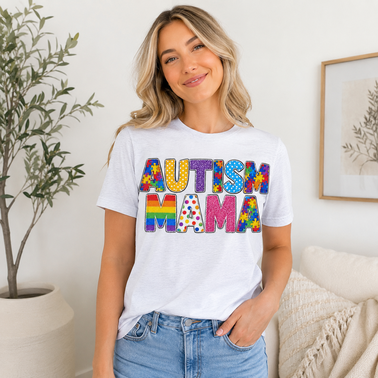 Autism Mama T-Shirt | Colorful Puzzle Letter Design