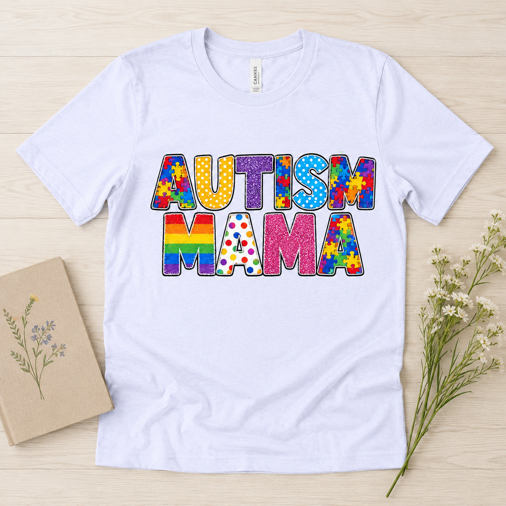 Autism Mama T-Shirt | Colorful Puzzle Letter Design
