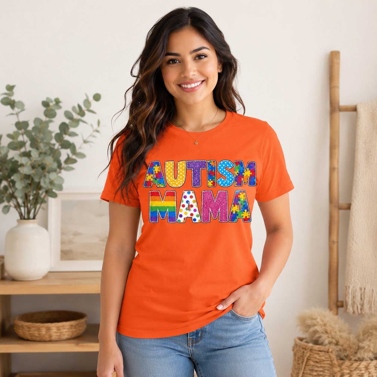 Autism Mama T-Shirt | Colorful Puzzle Letter Design