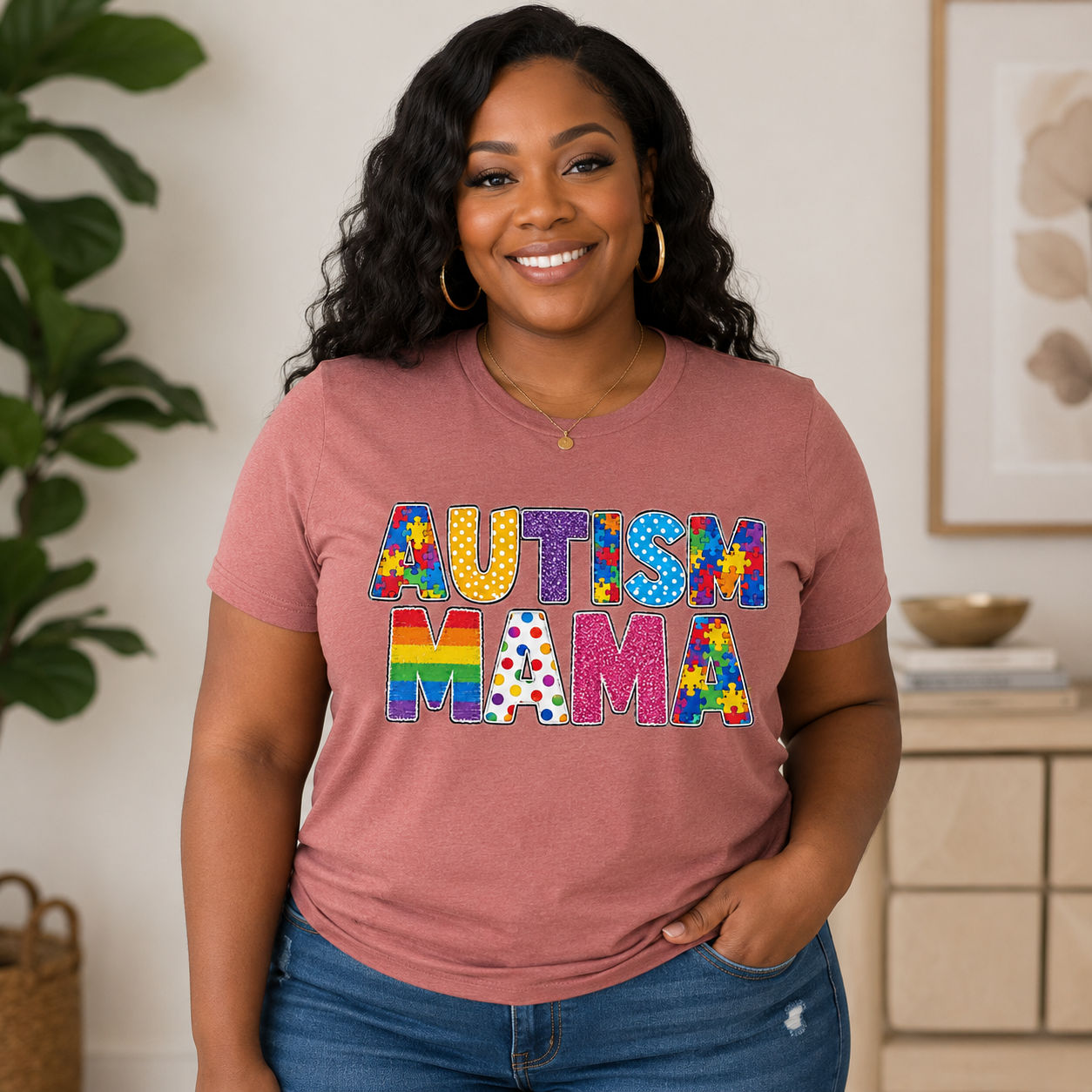 Autism Mama T-Shirt | Colorful Puzzle Letter Design