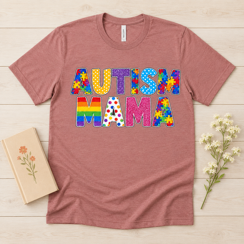 Autism Mama T-Shirt | Colorful Puzzle Letter Design