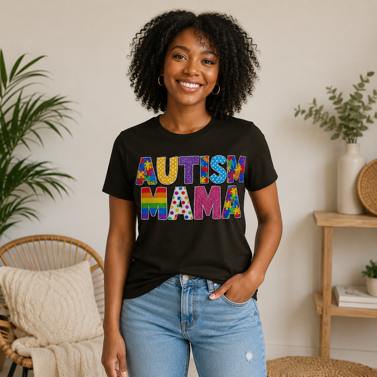 Autism Mama T-Shirt | Colorful Puzzle Letter Design