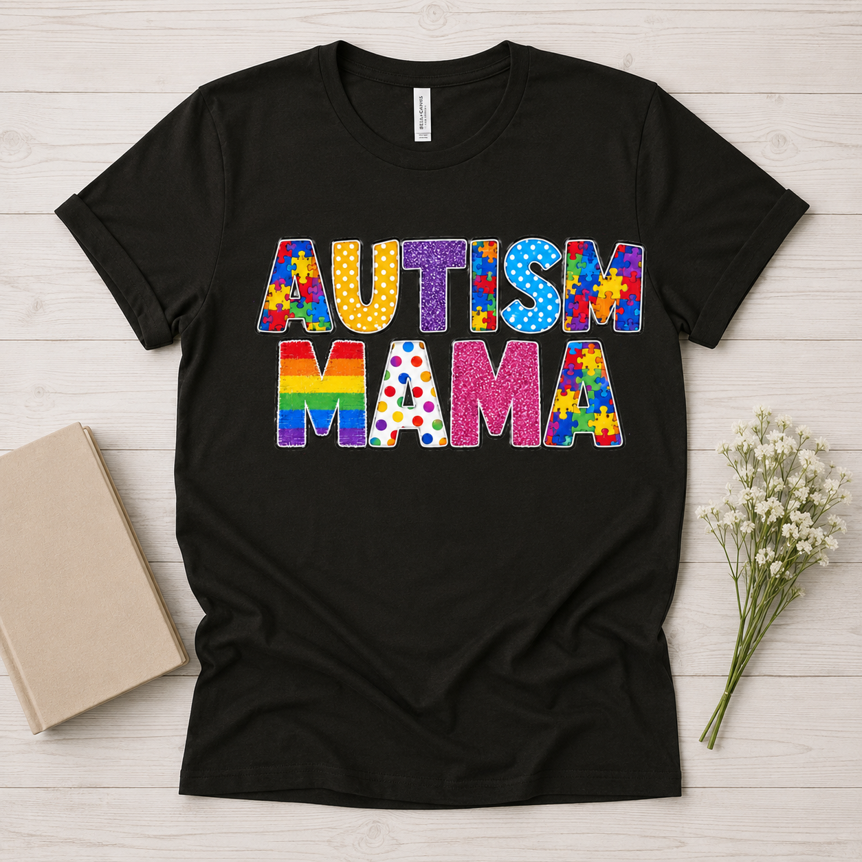 Autism Mama T-Shirt | Colorful Puzzle Letter Design